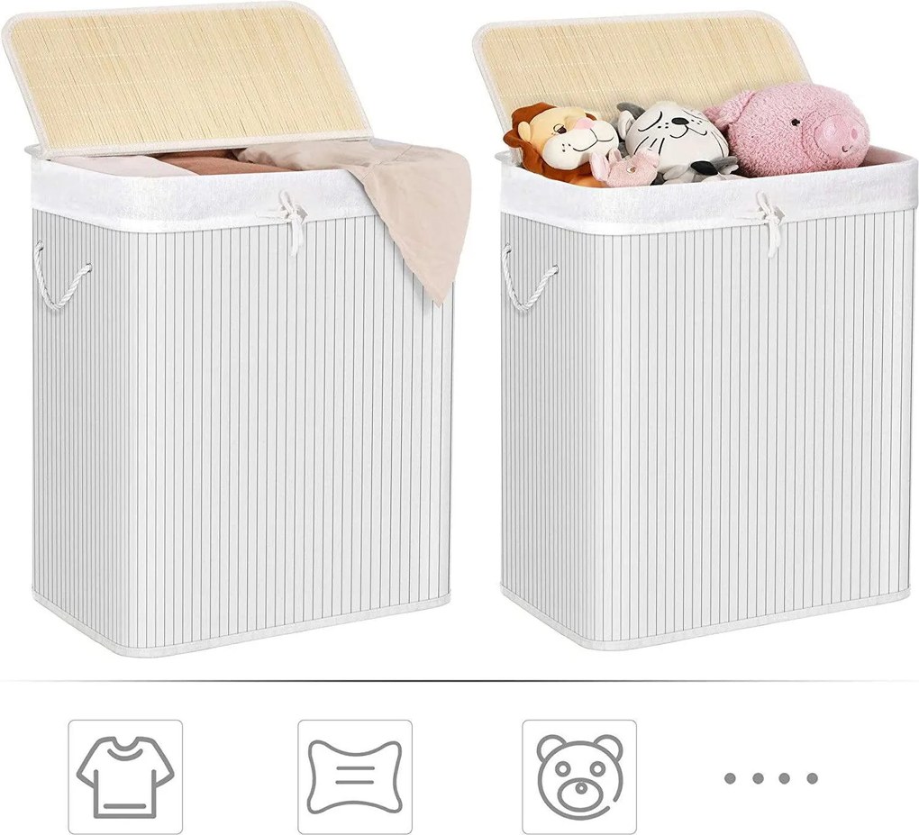 Bambusz szennyeskosár 100l, 2 rekeszes ruhakosár mosható zsákkal