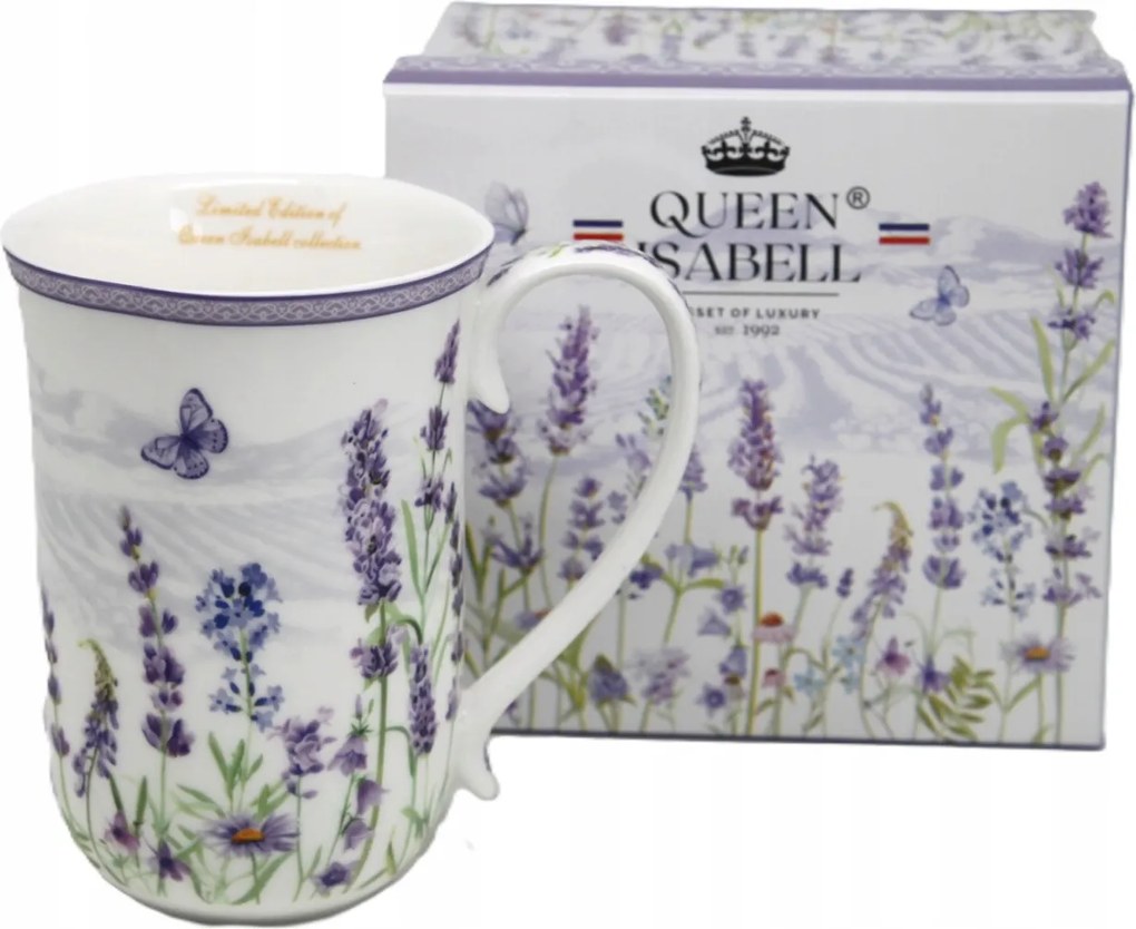 Elegáns porcelán bögre levendula motívummal 400ml ajándék Queen Isabell