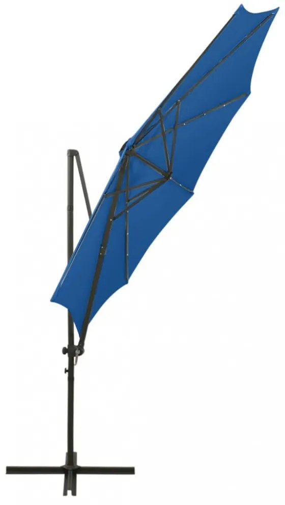 azúrkék konzolos napernyő rúddal és LED-fényekkel 300 cm