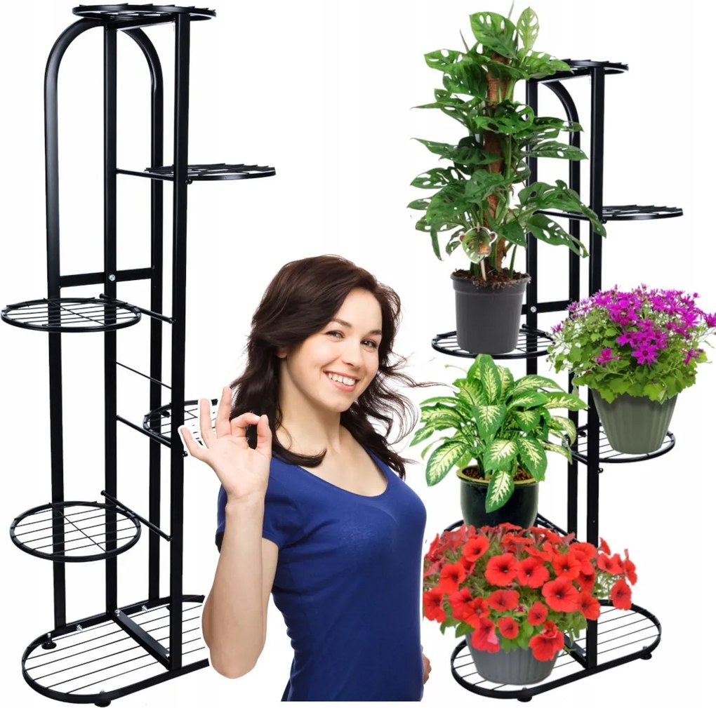 Virágágyás Fém Állvány 7 Kaspó Növények Virágok Loft Fekete Magasság 107