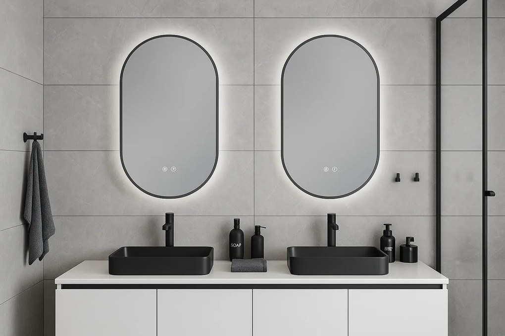 Erga Freya, ovális LED tükör 50x100cm fekete fém keretben, 3 világos szín, háttérvilágítás, páramentes fűtőpárna, ERG-V01-FREYA-5010-BK