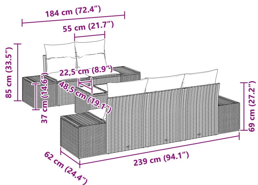 Kerti Kanapé Szett párnával 6 pcs Világosszürke polirattan