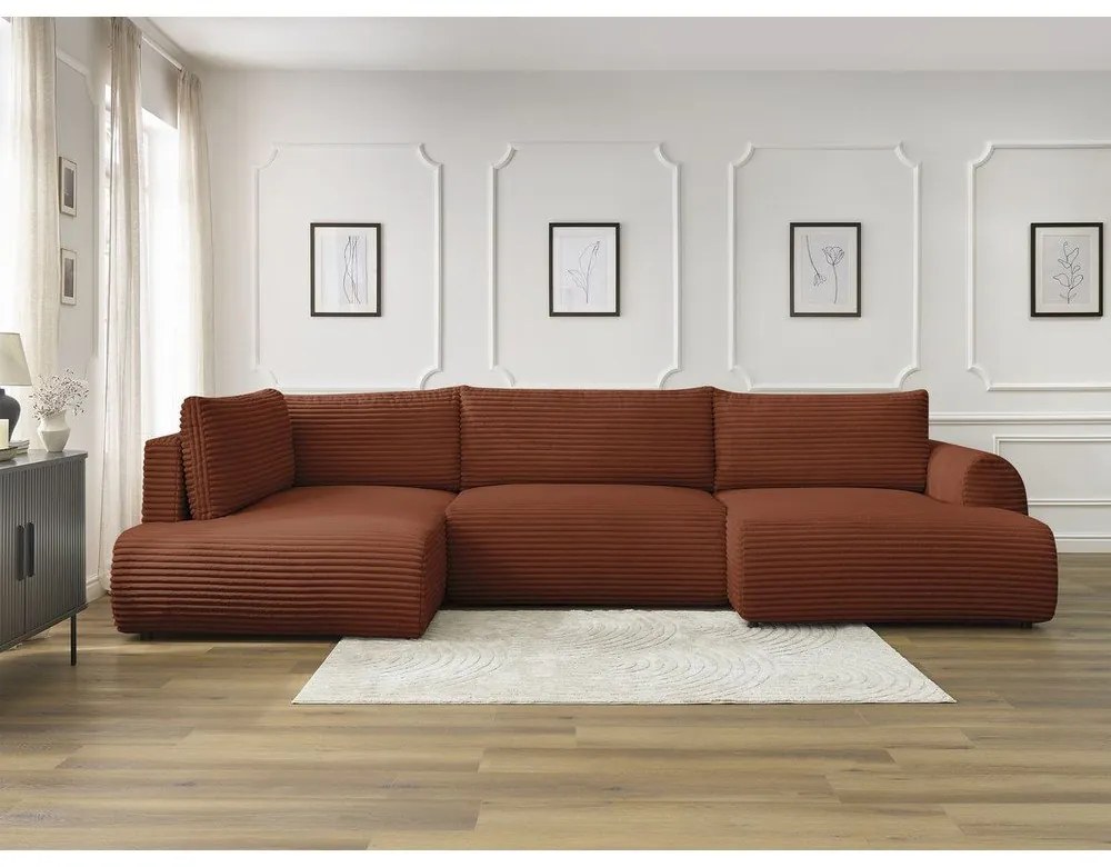 Téglavörös kordbársony kinyitható-tárolóhelyes sarokkanapé (bal oldali-U alakú) Lucien – Bobochic Paris