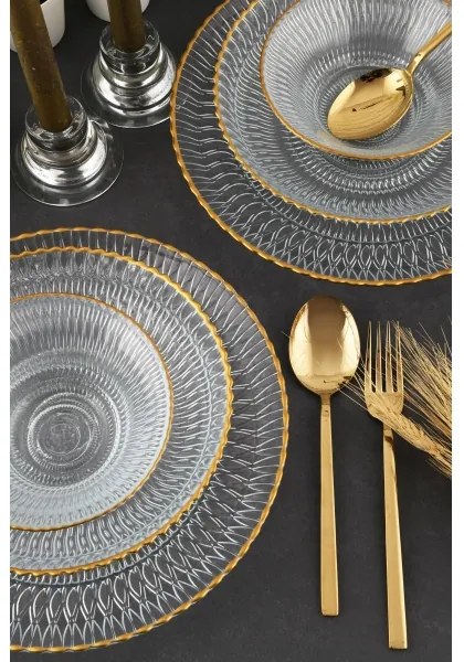 12 darabos étkészlet – átlátszó üveg, arany részletekkel