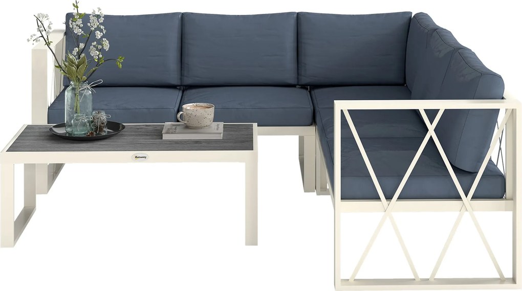 Outsunny 4 darabos kültéri kertibútor szett, L-alakú szófával, 2 kétfős szófával, állítható sarkú szófával és középasztallal bézs és szürke párnákkal