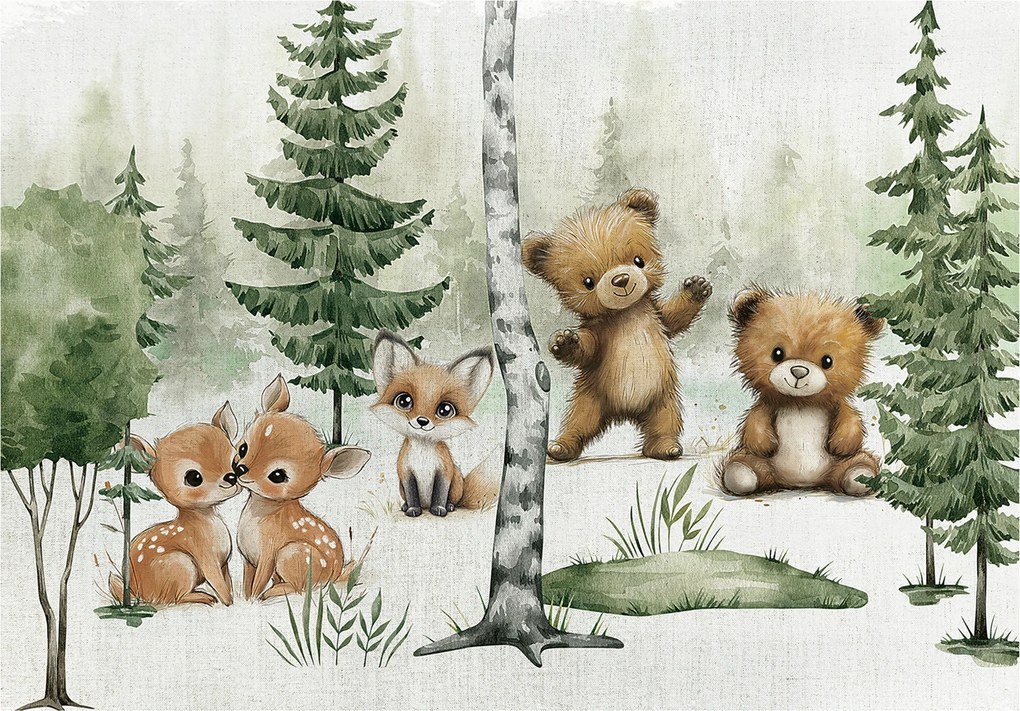 Vinyl Tapéta Gyerekeknek Erdő Barna Állatok Fák 368x254