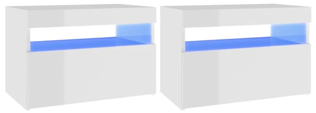 2 db magasfényű fehér éjjeliszekrény LED-lámpákkal 60x35x40 cm