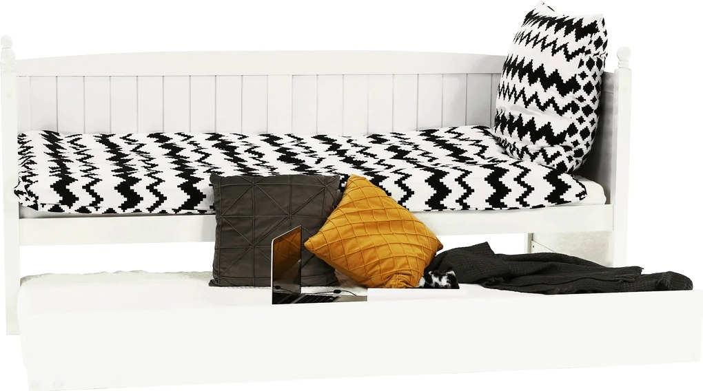 Ágy pótággyal, tűnyalábos fenyőfa, fehér, 90x200, GLAMIS