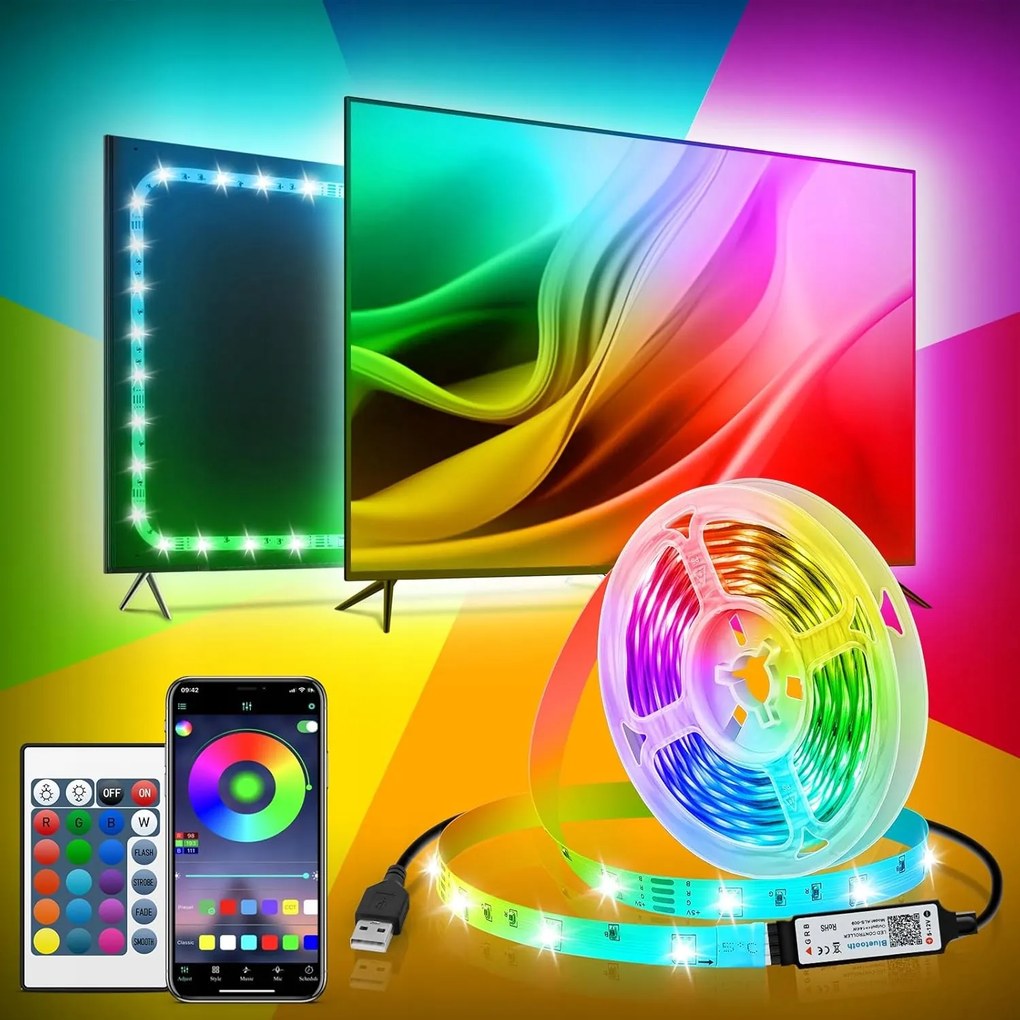 Rgb Led szalag, 5 m Bluetooth alkalmazással és Usb távirányítóval Led fénycsík
