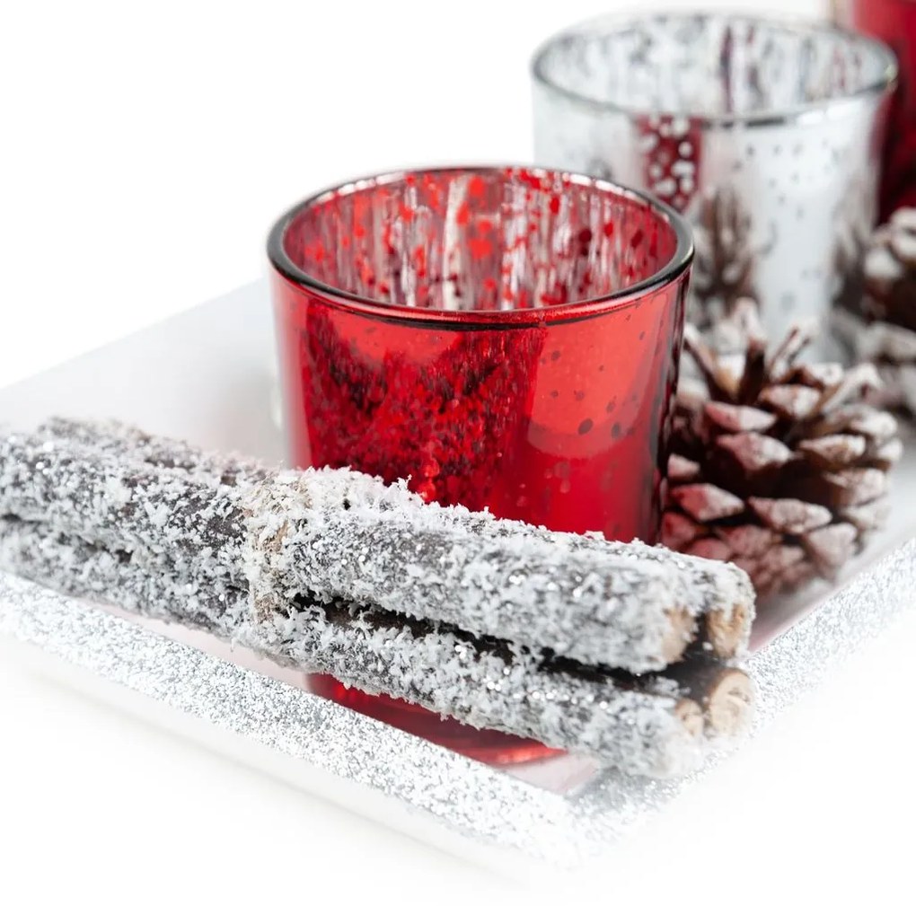 Adventi mécsestartó, toboz díszítéssel, ezüst-piros - POMME