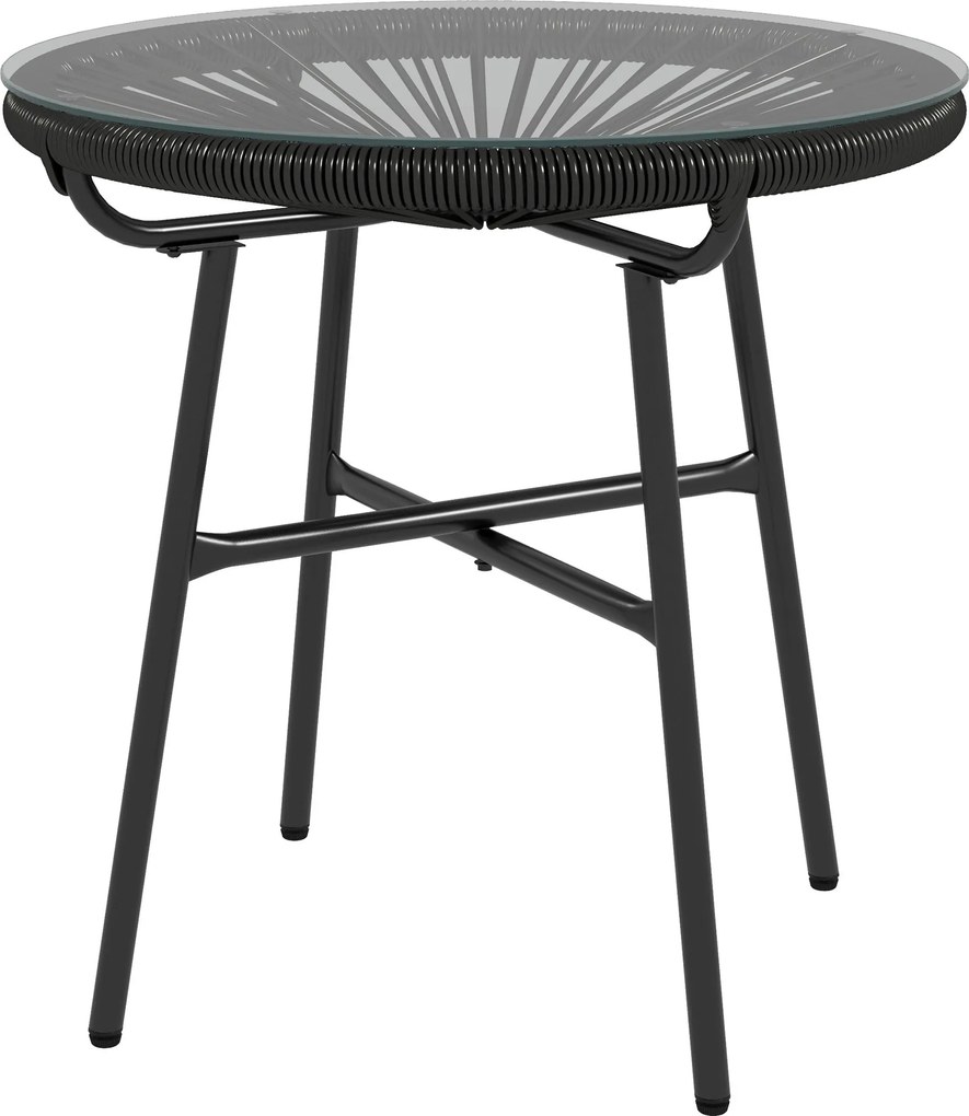 Outsunny Rattan Téglalap Asztal, Bistro Asztal, Üveg Asztallapú Kávézó Asztal, Kör Minta Kerti Asztal, Teraszhoz, Erkélyhez, Fekete, 50 x 50 x 50 cm |