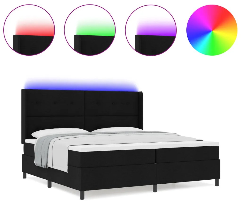 Boxspringsz MIDI Ágy Matrac & LED Fekete 200x200 cm Szövet