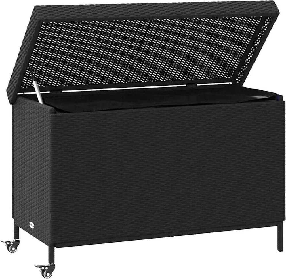 Fekete Polyrattan Kerti Tárolóláda Kerekekkel 110X55X73 Cm