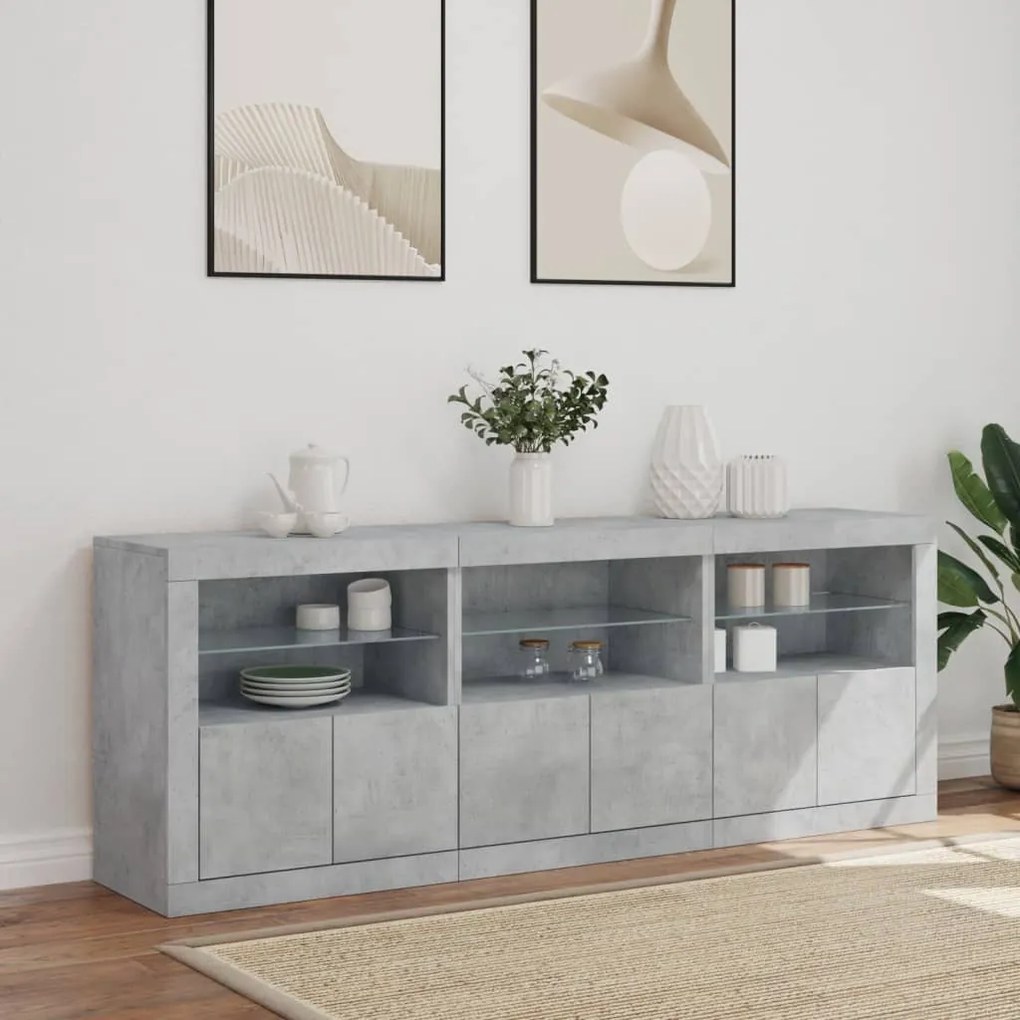 betonszürke tálalószekrény LED-világítással 181,5x37x67 cm