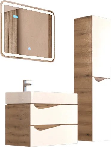 Piramida EURIDIKA fali fürdőszobabútor - műmárvány mosdóval -2 fiókos - ALPINFEHÉR-TÖLGY - 70 x 41 x 56 cm