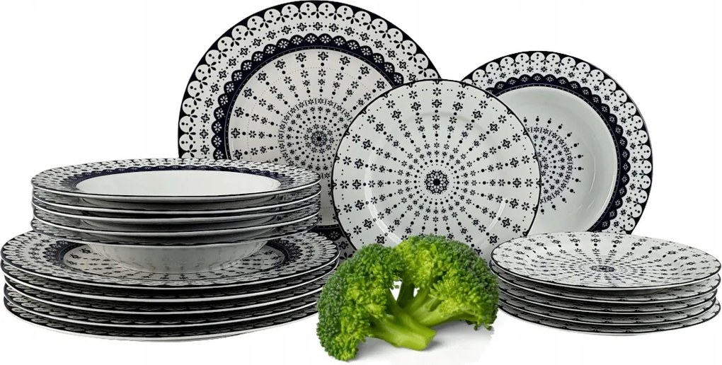 Flisty porcelán tányér szett 6/18 Bogucice|Fehér-Sötétkék