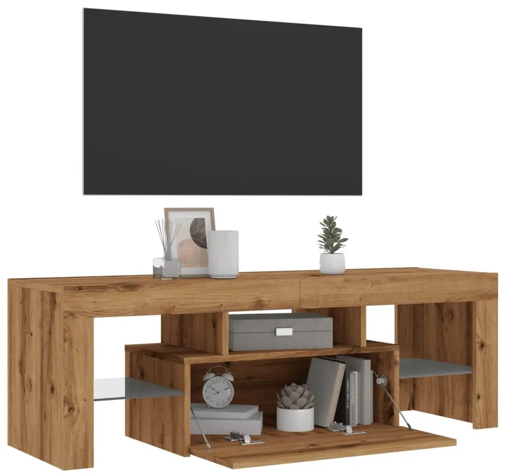 kézműves tölgy szerelt fa TV-szekrény LED-ekkel 120x36,5x40 cm