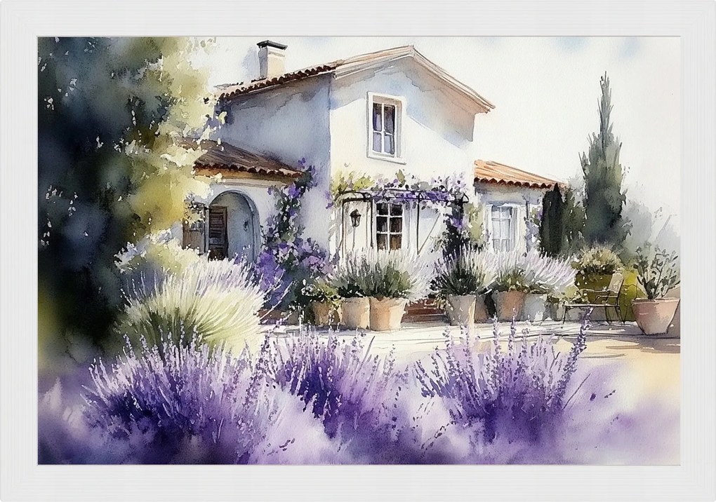 Poszter Keret Fa Tájkép Provence Ház Villa Kert Levendula 60x40