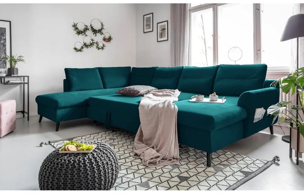 Stylish Stan türkiz kinyitható U alakú bársony kanapé, bal oldali - Miuform