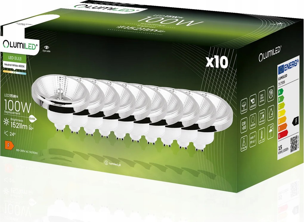 10x Led izzó GU10 AR111 ES111 15W 100W 4000K 24° Ezüst Lumiled