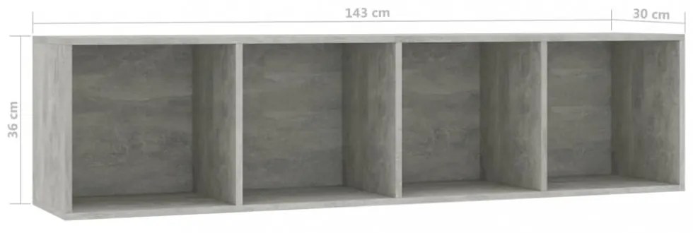 betonszürke könyv-/TV-szekrény 143 x 30 x 36 cm