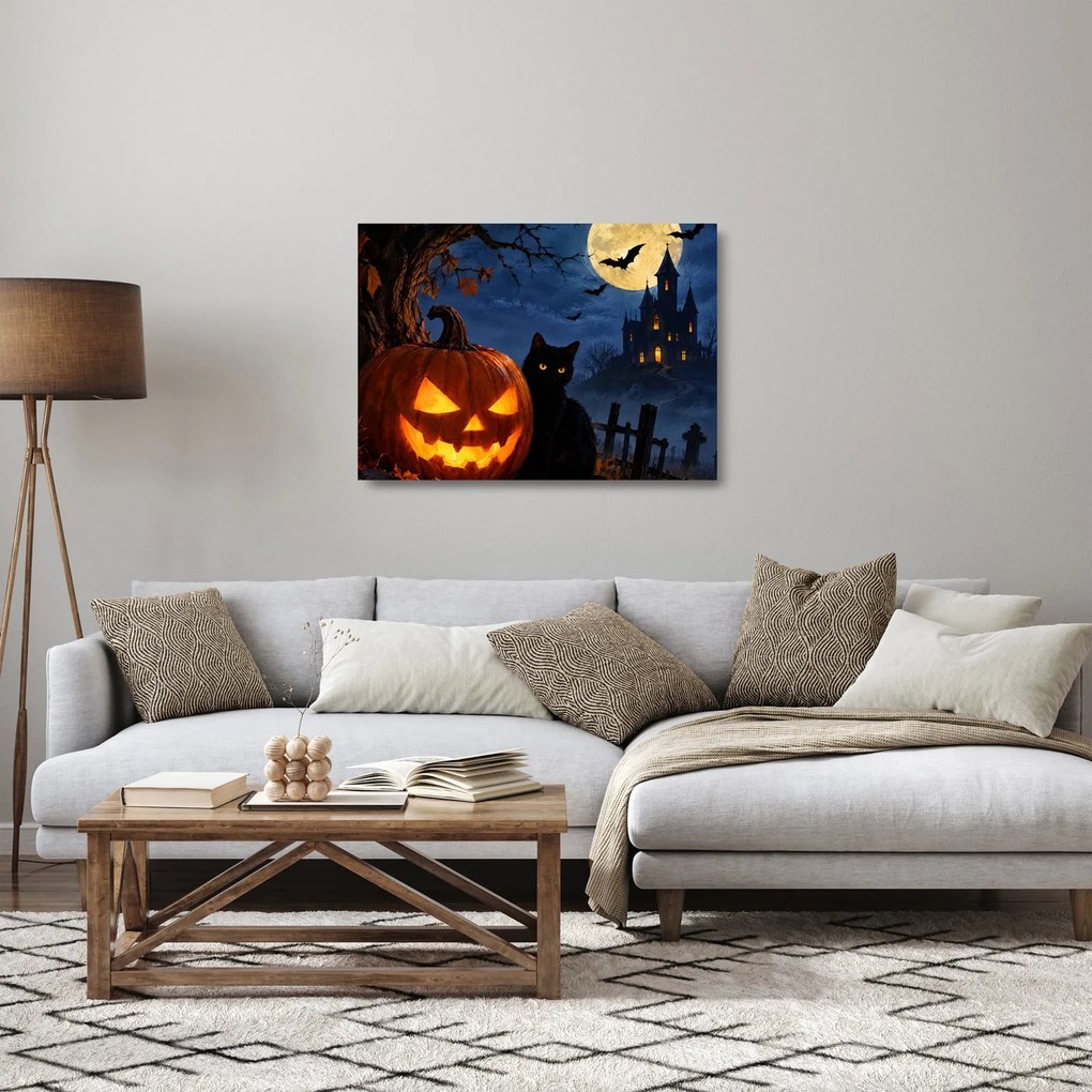 Üveg kép - Fekete macska egy világító halloweeni tök mellett (70x50 cm)