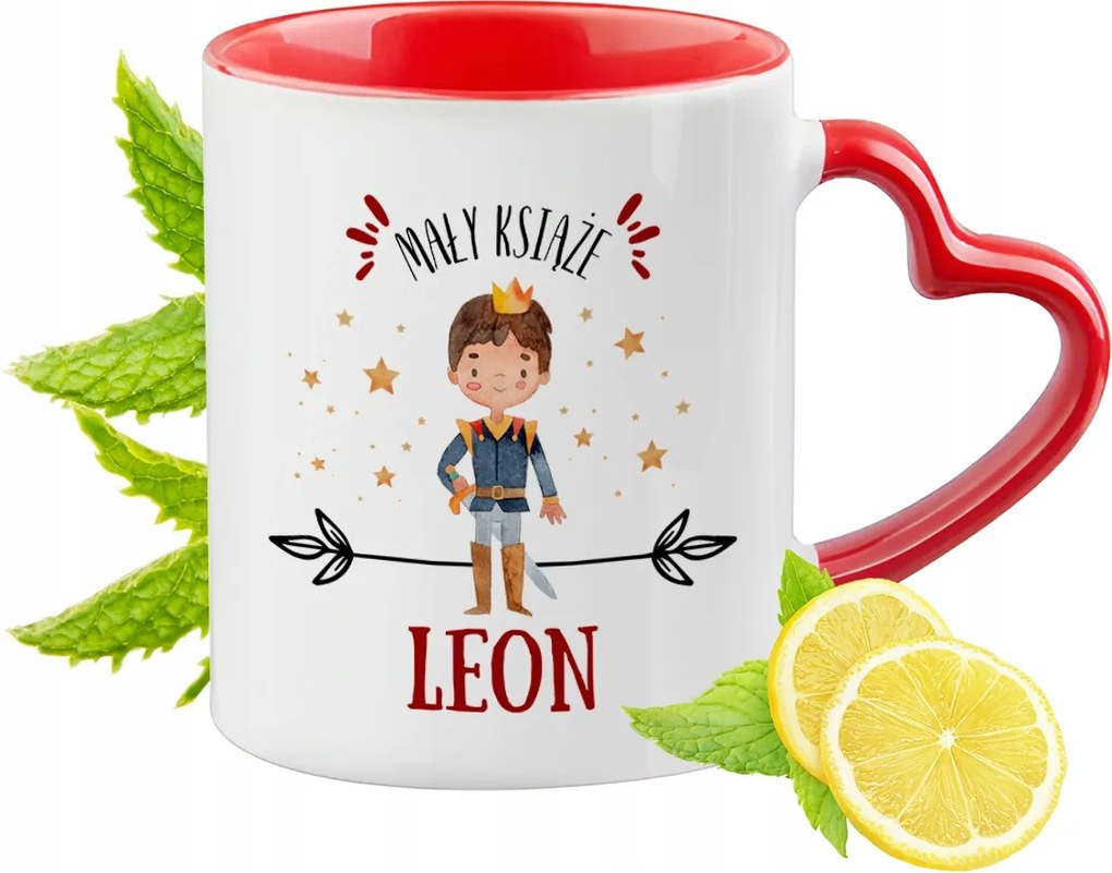 Piros bögre szív alakú füllel Leonnak Ajándék