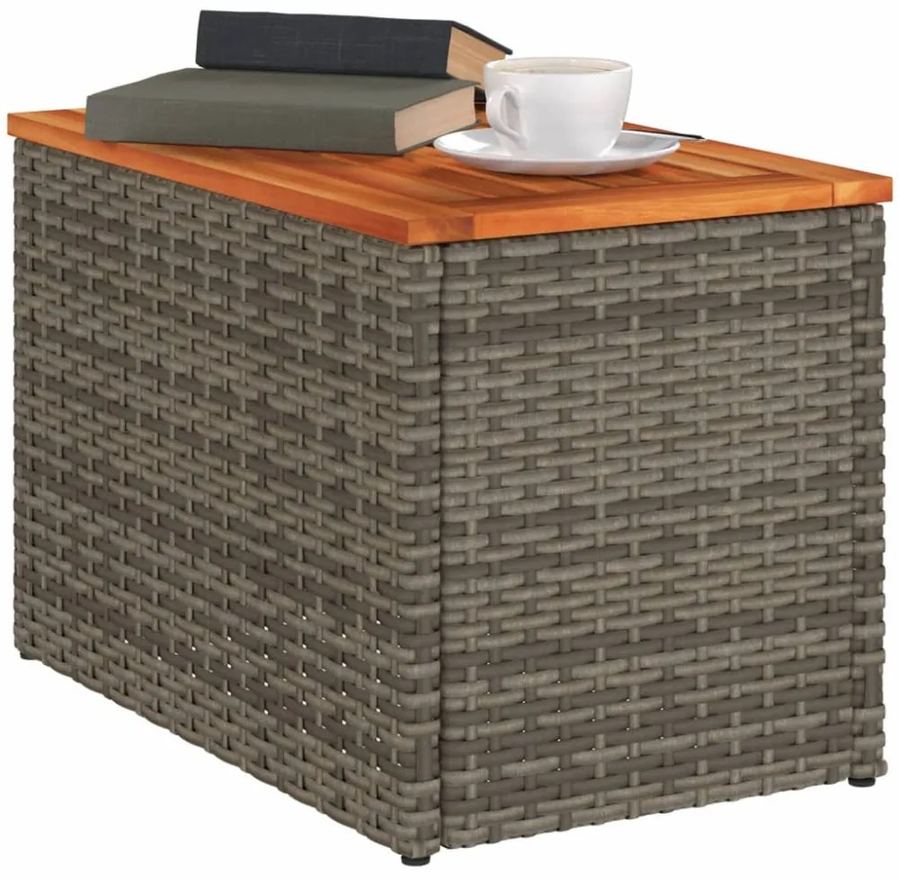 2 db szürke polyrattan és tömör fa kerti kisasztal 55x34x37 cm