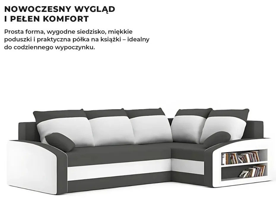 Grande sarokkanapé polcokkal , polc a jobb karfaban, jobboldali, szövet anyag, bonell töltet, szürke - fehér