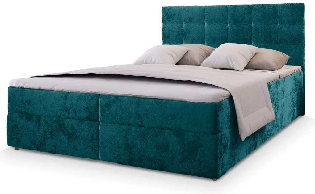 Kárpitozott boxspring ágy GLORIEN VELVET 140x200 cm türkiz Matrac: Bonell rugós matrac