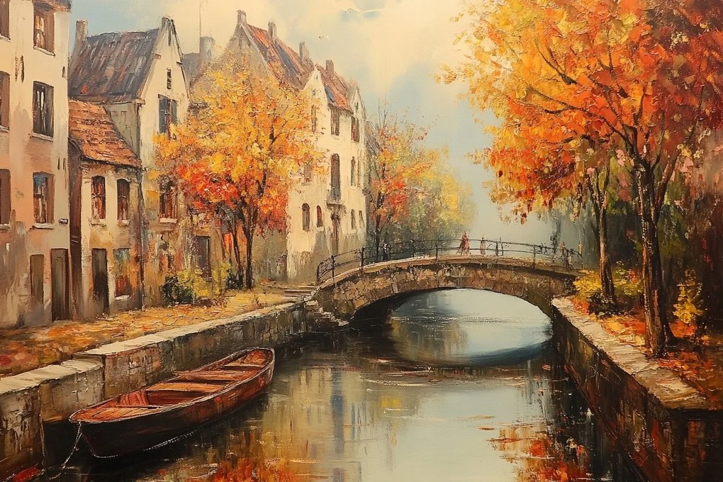 Vászonkép Canvas Ősz Város Óváros Folyó Csatorna Híd Hajó 120x80