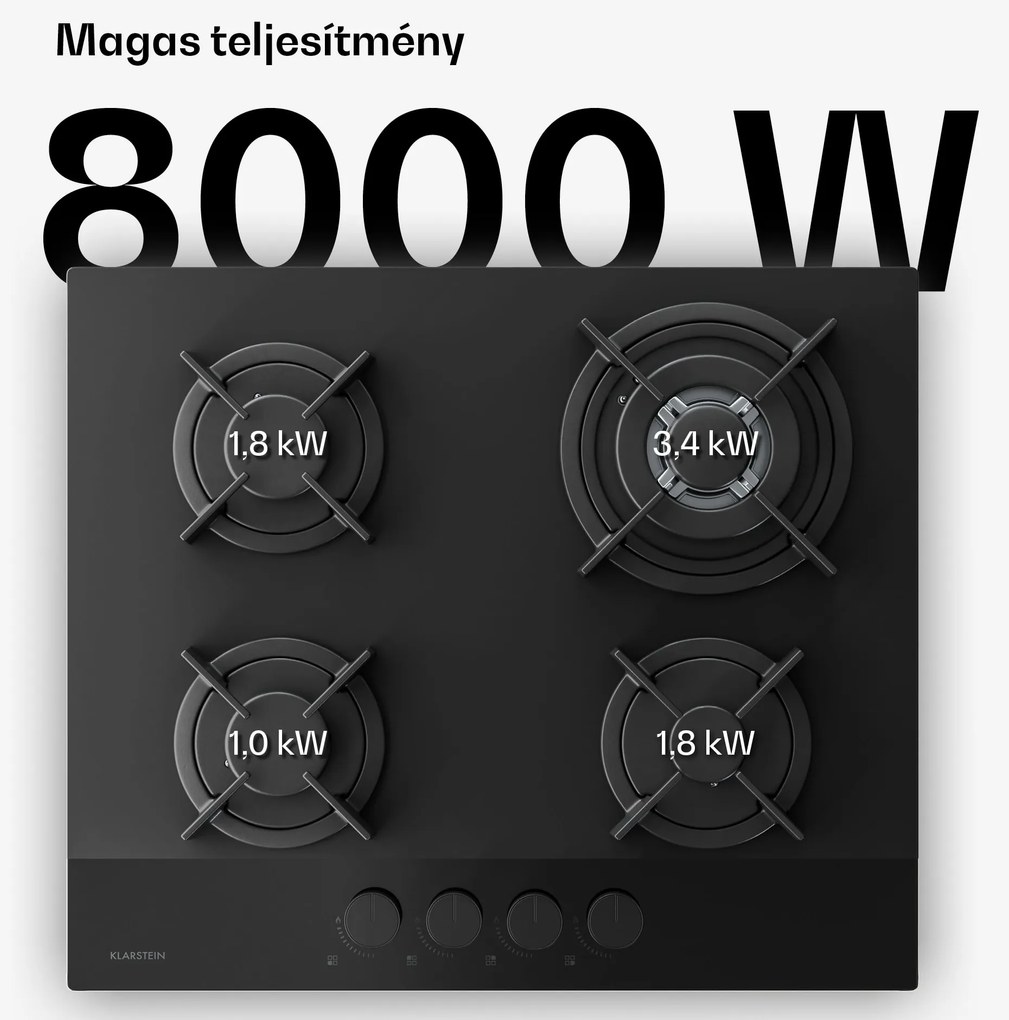 Klarstein Velaire gázfőzőlap, 4 égős főzőlap elektromos gyújtással, kompatibilis földgázzal és LPG-vel, 8000W, 60cm