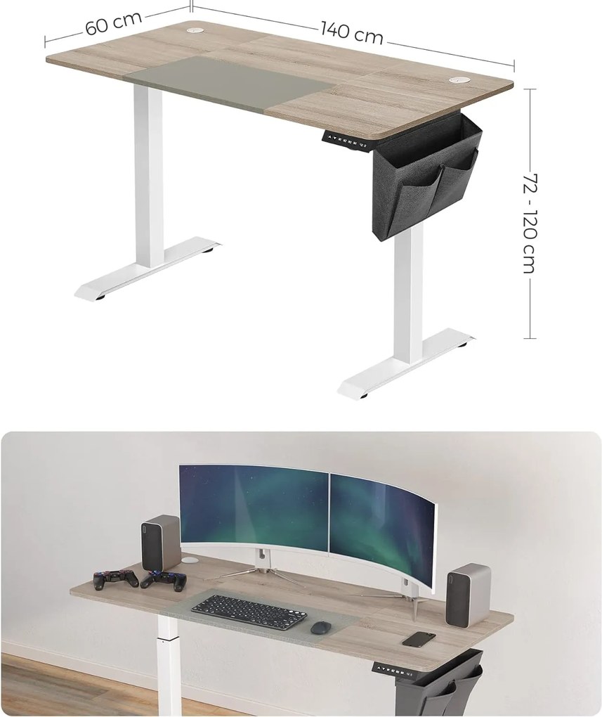 Állítható magasságú elektromos íróasztal memória funkcióval 60x140 cm, fehér-greige