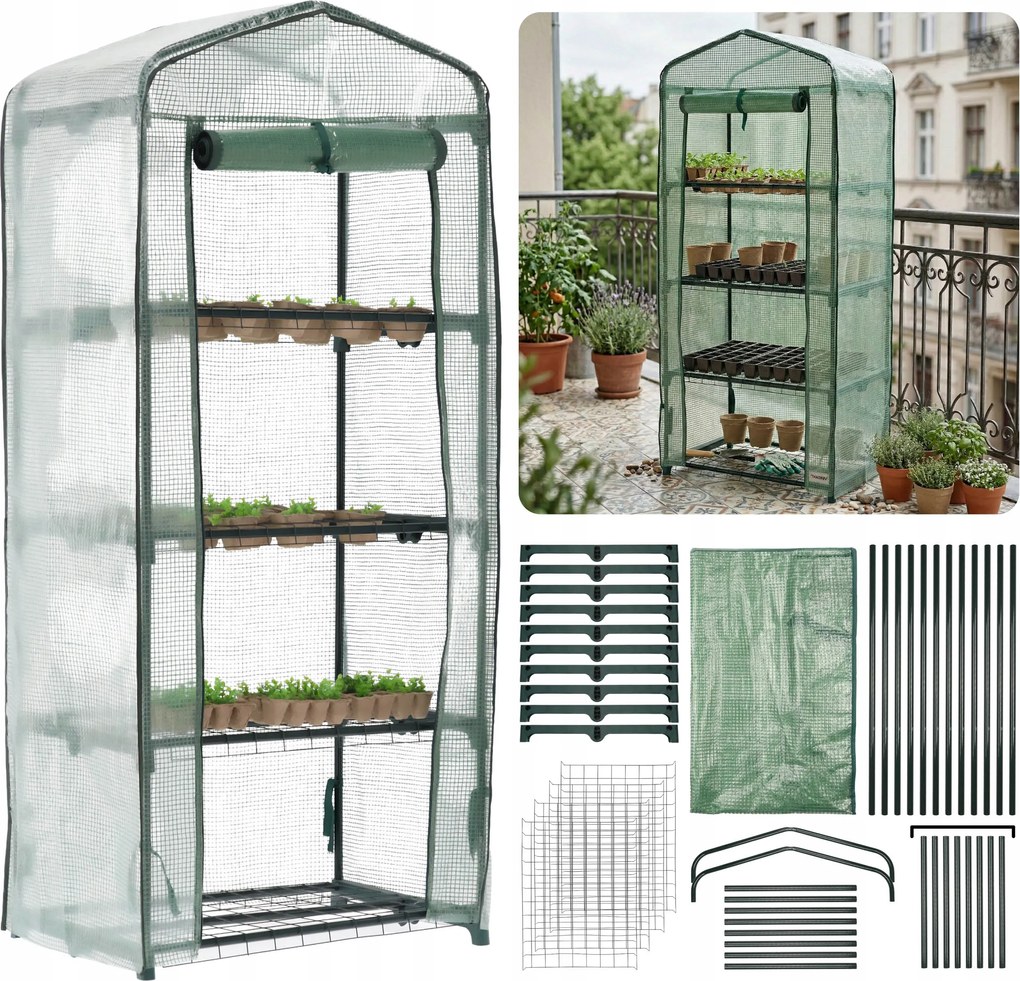 Kerti Üvegház négy Polccal, cipzáras fóliaalagút