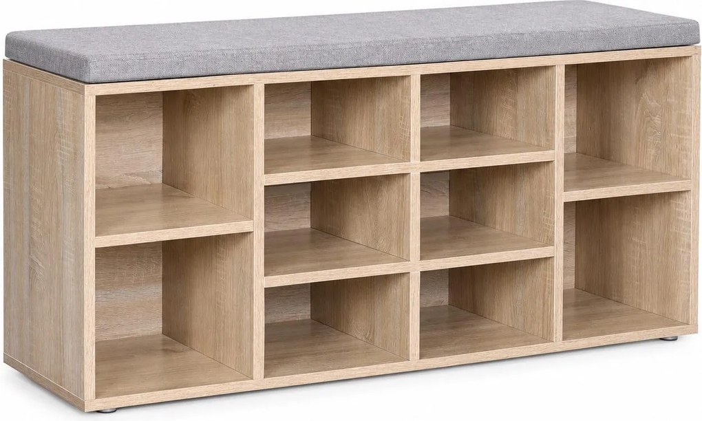 SONGMICS cipőpad 10 rekesszel, párnázott ülőfelülettel, 104 x 30 x 48 cm, max. 150 kg, tölgy