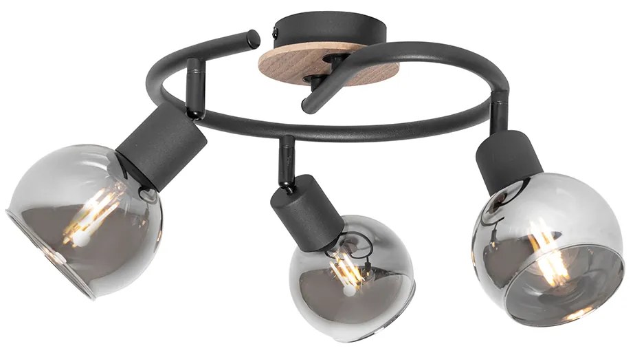 Mennyezeti lámpa fekete 44,5 cm füstüveggel és fával 3-lámpás - Vidro