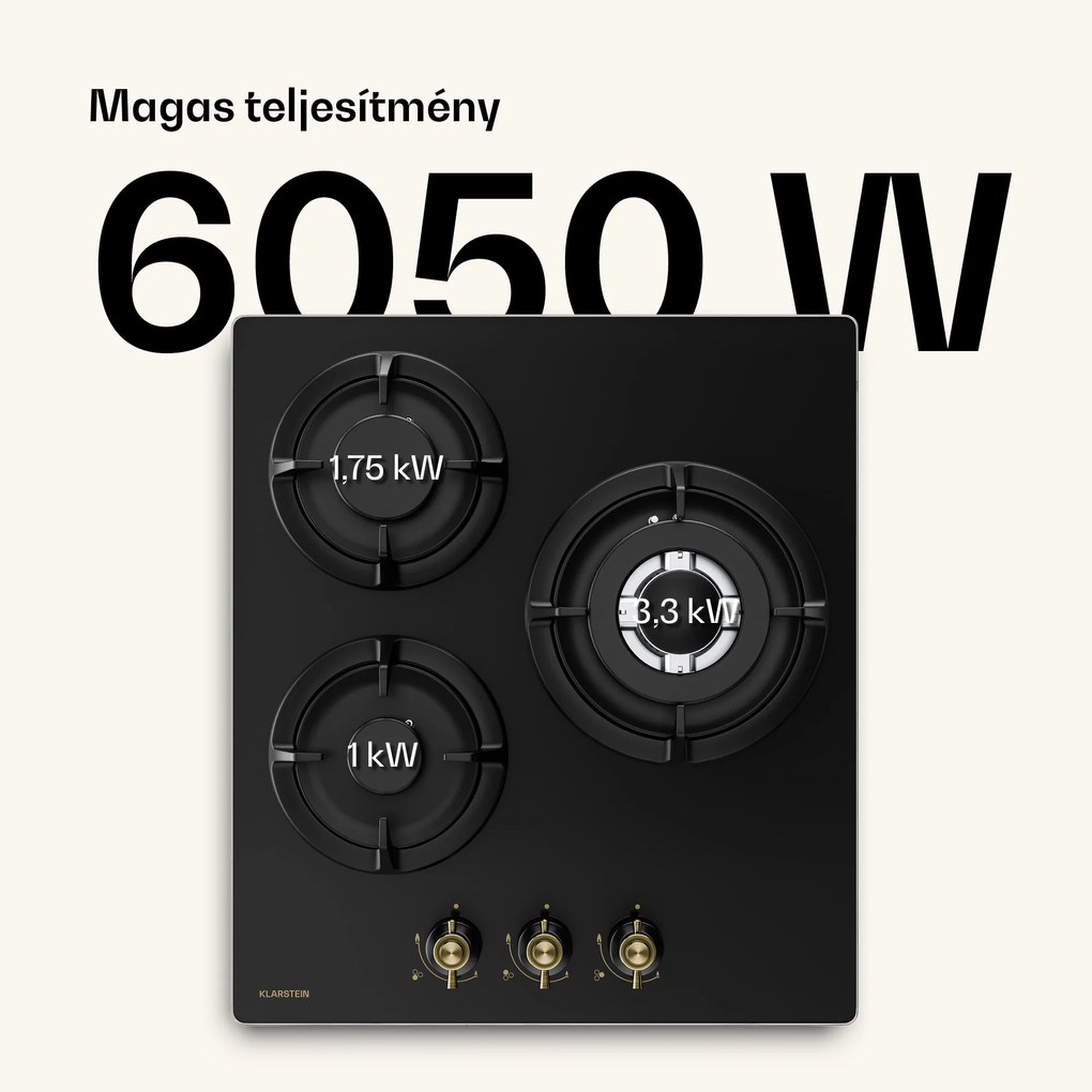 Klarstein Victoria gázfőzőlap | 3 alumínium égő | földgázzal és PB-gázzal kompatibilis | 6050 W | 45 cm