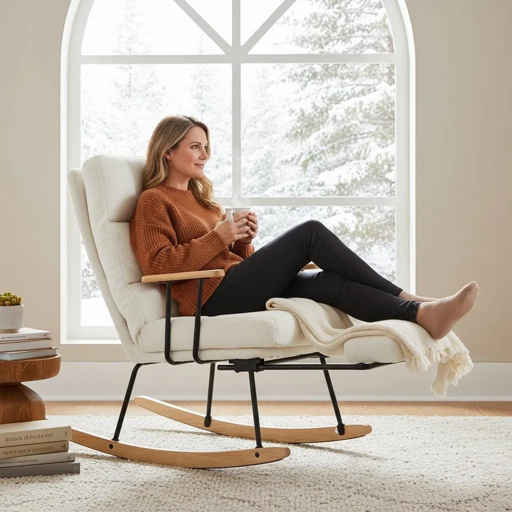 Hintaszék fa lábakkal, plüss szövettel, 4 fokozatban állítható háttámlával, fehér