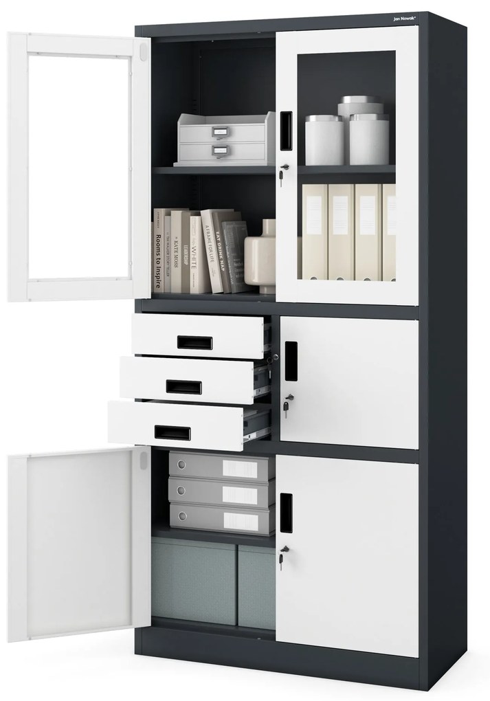 Fém iratszekrény széffel, vitrinnel és fiókokkal FILIP, 900 x 1850 x 400 mm, antracit-fehér