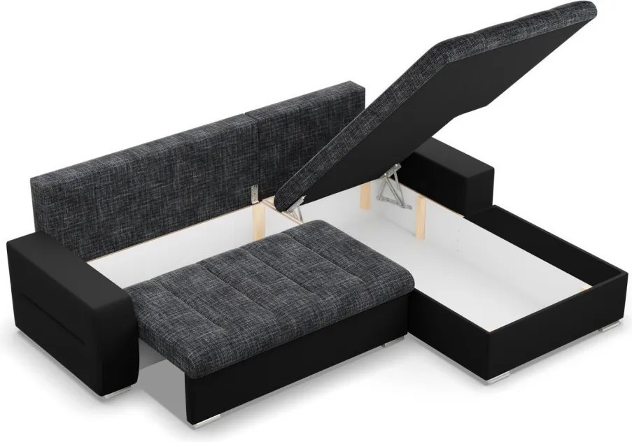 Toronto sarokkanapé, 2 ágyneműtartóval, fonott + műbőr, jobboldali, szürke - fekete