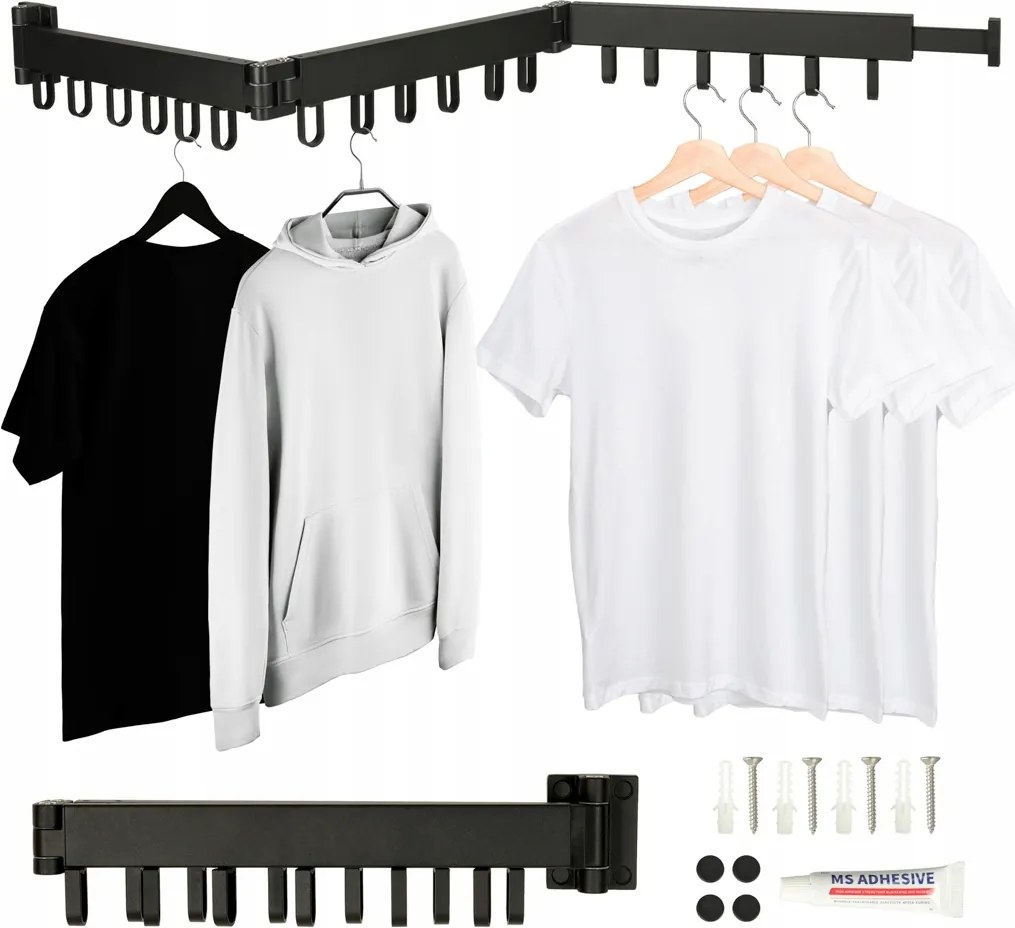 Mosó-szárítógép Teleszkópos Fali Akasztó Összecsukható Fekete 123cm Szett