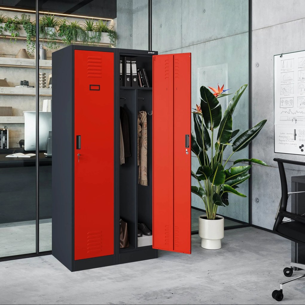 Pléh öltözőszekrény talpazaton, kétmodulos, polccal és köztes fallal KACPER, 800 x 1800 x 500 mm, antracit-piros
