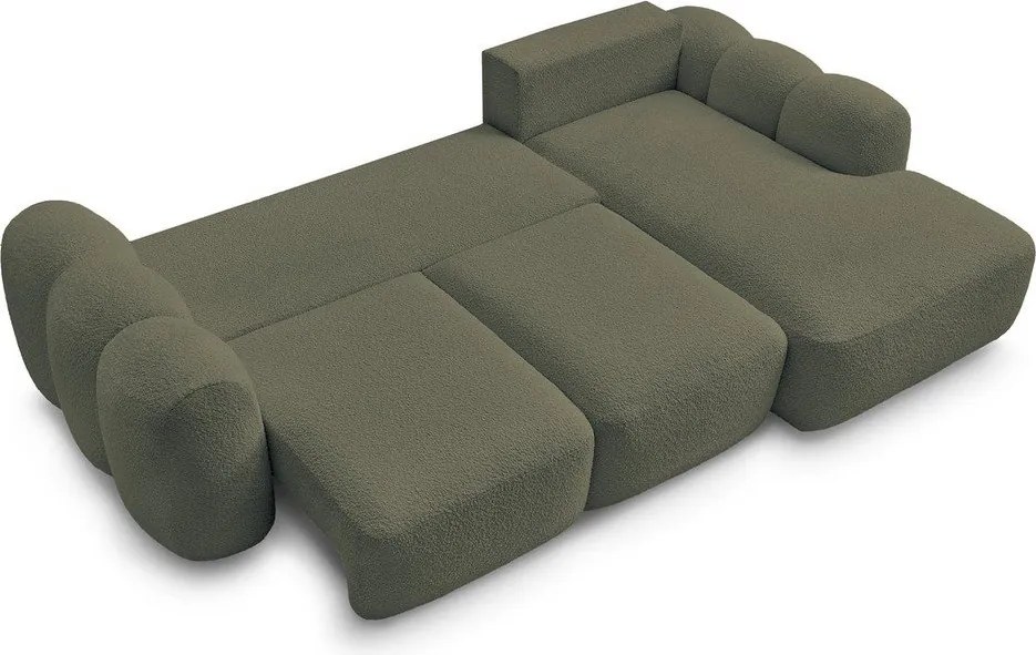 Zöld buklé kinyitható-tárolóhelyes sarokkanapé (jobb oldali-heverő résszel) Montaigne – Bobochic Paris