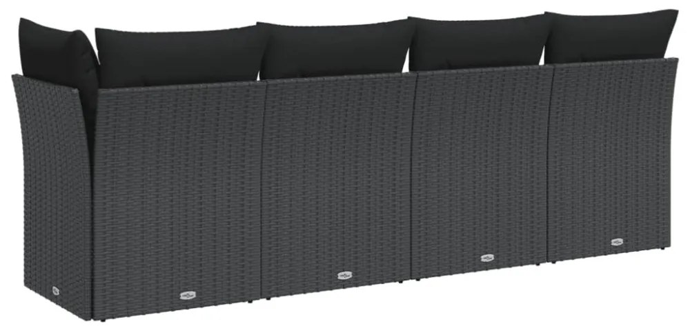 4 személyes fekete polyrattan kerti kanapé párnával