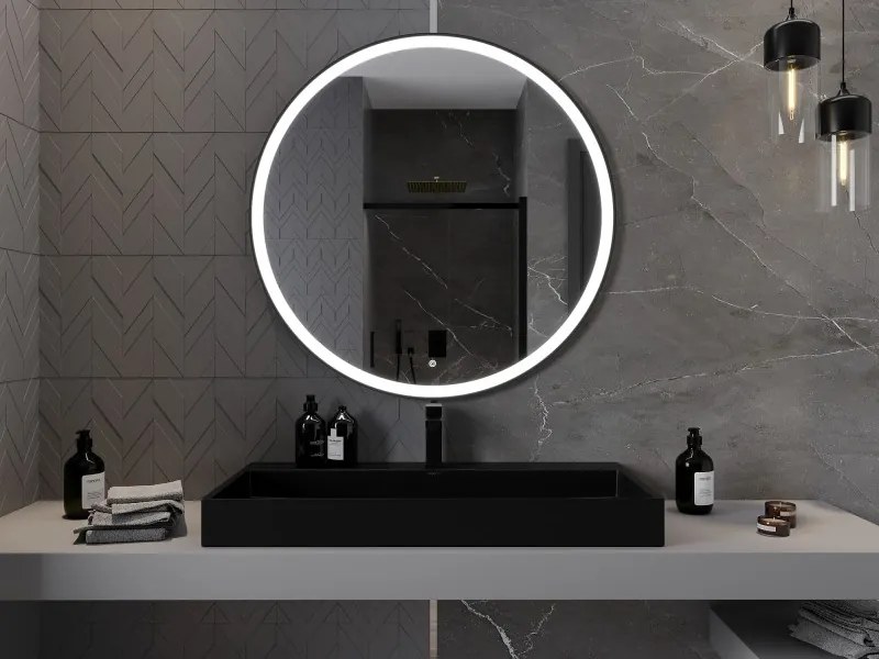 Mexen Esso kerek LED háttérvilágítású fürdőszobai tükör 100cm 6000K páramentes fűtőbetét fekete keret 9825-100-100-611-70