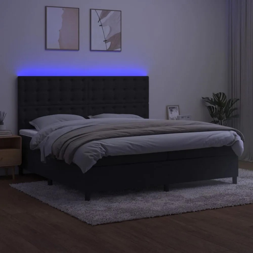 fekete bársony rugós és LED-es ágy matraccal 200x200 cm