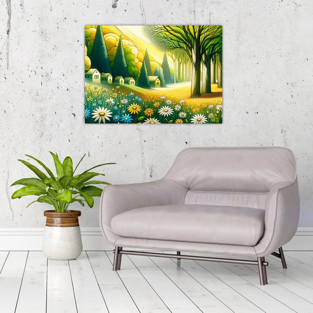 Kép - Falu sárga-zöld színekben (70x50 cm)