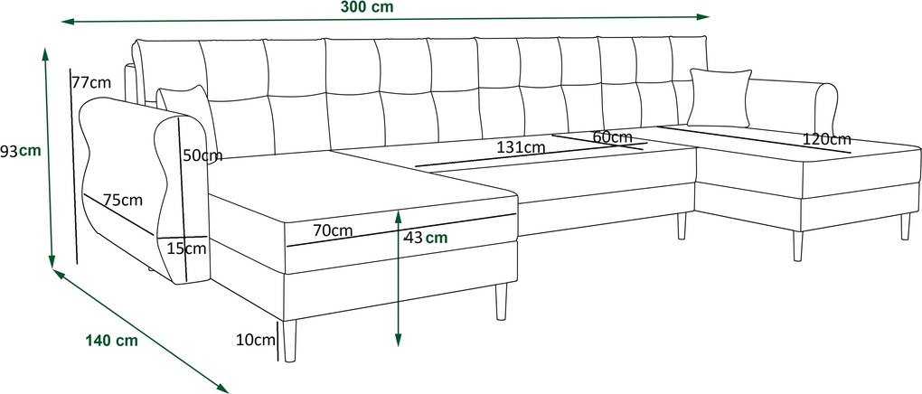 Ágyazható U alakú kanapé SILVIANO 300x140 cm, sötétzöld színű + 2 db díszpárna INGYEN