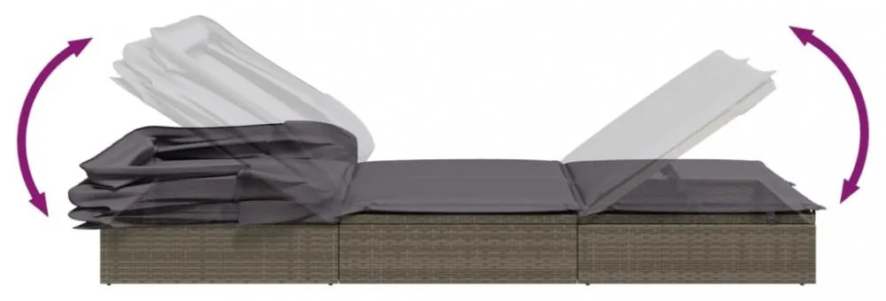 szürke polyrattan napozóágy összecsukható tetővel 213x63x97 cm