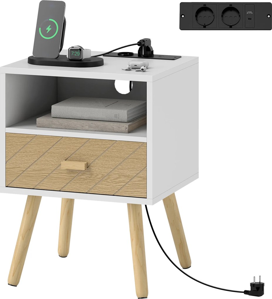 HOMCOM éjjeliszekrény beépített töltőállomással, fiókkal, 2 hálózati aljzattal, USB és USB‑C, nyitott polc, fenyő lábak, fehér | Aosom